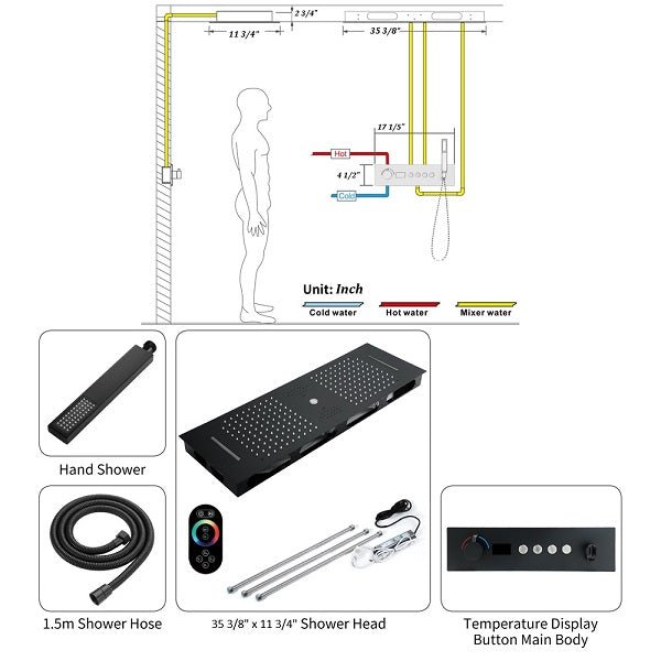 Cascada Artemisia 12"x36" Matte Black LED Music Digital Large Shower System - Cascada Showers
