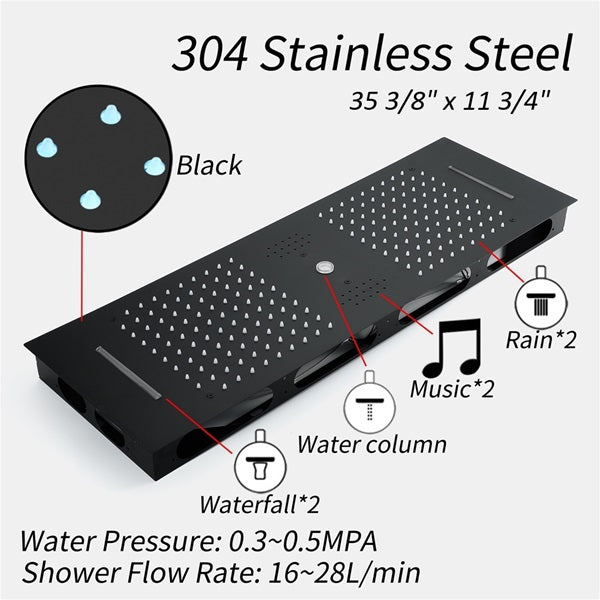 Cascada Artemisia 12"x36" Matte Black LED Music Digital Large Shower System - Cascada Showers