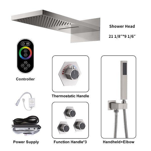 Cascada Aspen 9"x22" Brushed Nickel LED Shower System - Cascada Showers