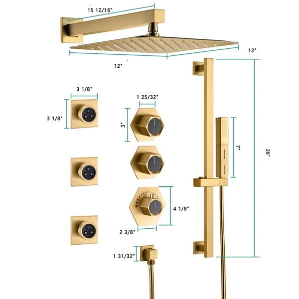 Cascada Barcelona 12" Brushed Gold Rain Shower Set - Cascada Showers