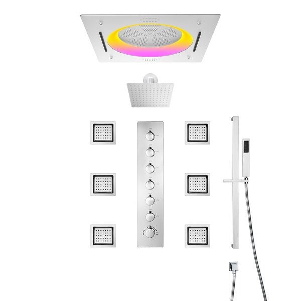 Ceiling-mounted rainfall shower in chrome with body jets and handheld spray
