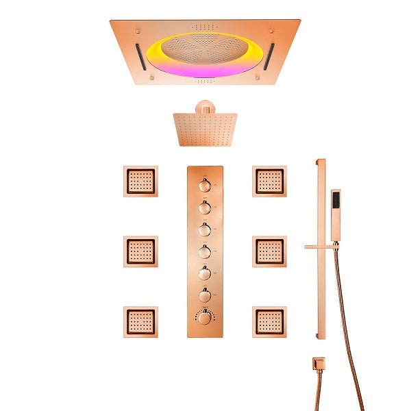 LED shower head spraying in mixed rainfall and waterfall mode