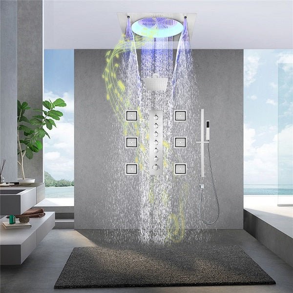 Dual rainfall and mist LED shower head with remote-controlled color lighting