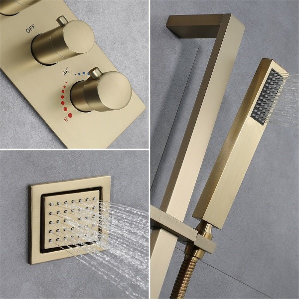Close-up of brass shower valve with all 7 control knobs labeled