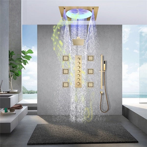 Cascada Bellagio 22-inch LED shower system in brushed gold finish with body jets