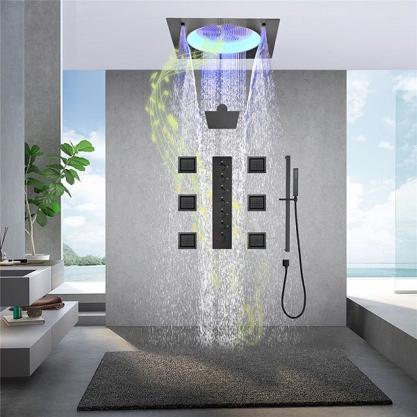 Cascada Bellagio 22-inch LED shower head with ceiling mount and waterfall spray