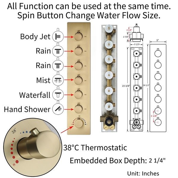 Thermostatic valve dimensions and connection ports labeled