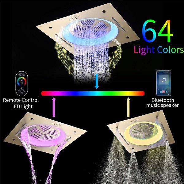 Brushed gold Bellagio LED rainfall shower system with handheld and wall-mounted head