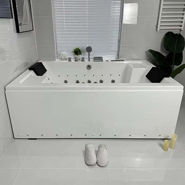Relaxation bathtub with built-in heater and black neck support pillows
