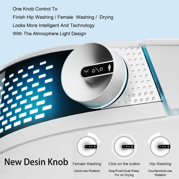Close-up of a smart toilet control knob with icons for female washing, hip washing, and drying, featuring a blue LED light panel and labeled operation modes.
