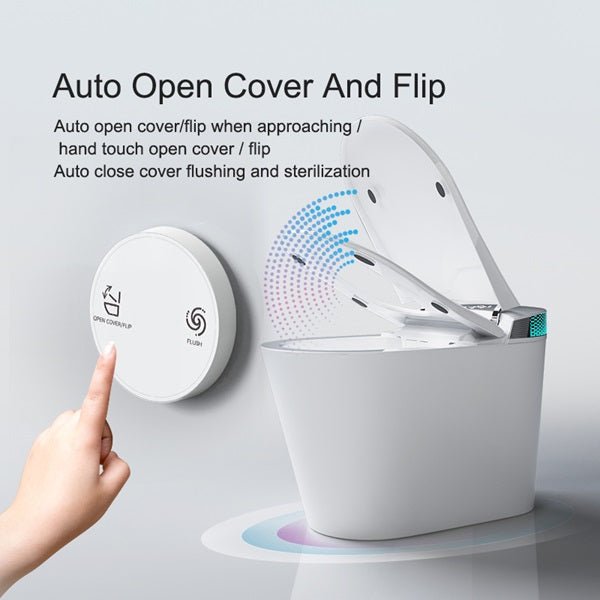 Smart toilet with its lid automatically opening near a round wall control button labeled for open and flush functions.