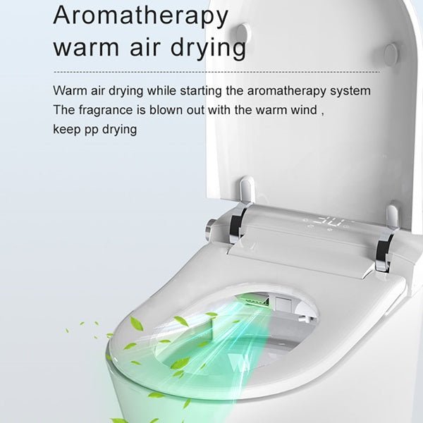 Smart toilet seat emitting green airflow graphics, illustrating aromatherapy warm-air drying with fragrance release.