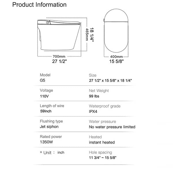 Specification sheet of smart toilet model G5 with size, weight, voltage, waterproof grade, and diagrams.