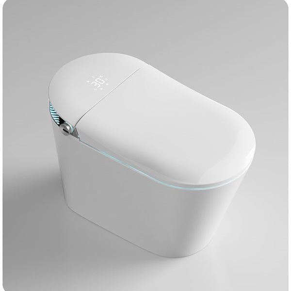 Angled view of a modern white smart toilet with digital display and side knob with blue light.