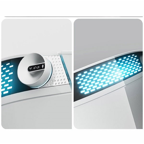 Close-up of toilet control knob with icons and blue light panel.