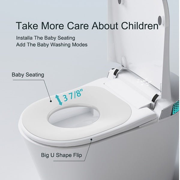 Open toilet with a detachable baby seat insert and measurements, highlighting the child-friendly “big U” flip seat design.