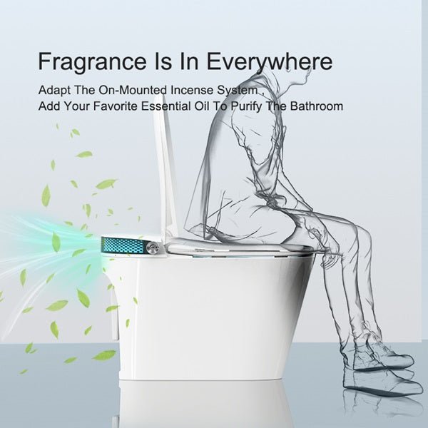 Modern smart toilet with a translucent sketch of a seated person and green scented air flow, promoting an on-mounted incense and essential oil system.