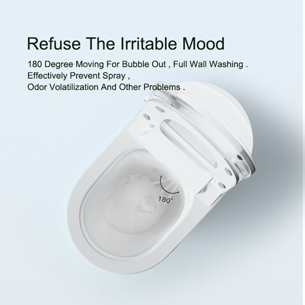 Top view of the toilet bowl demonstrating a 180-degree spray pattern for full-wall cleaning and bubble removal.