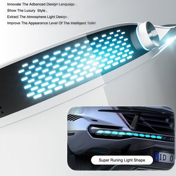 Angled view of the toilet’s illuminated side panel with bright blue atmosphere lights and an inset photo comparing the light style to car running lights.