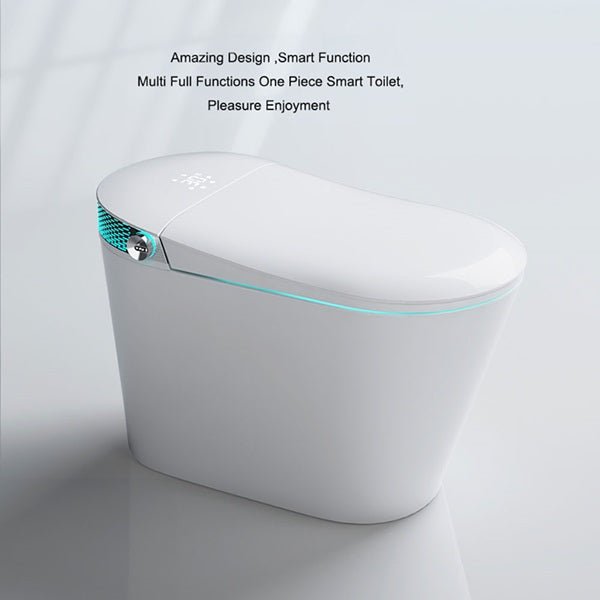 Sleek closed smart toilet with soft lighting accents and text describing multi-function design and pleasure experience.