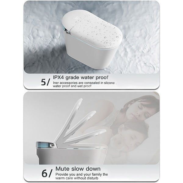 Toilet bowl with blue night light and dual water filters.