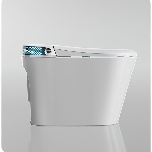 White toilet with water droplets, “IPX4 waterproof” and “Mute slow down” features.