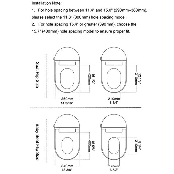 Toilet installation guide with seat and baby seat dimensions.