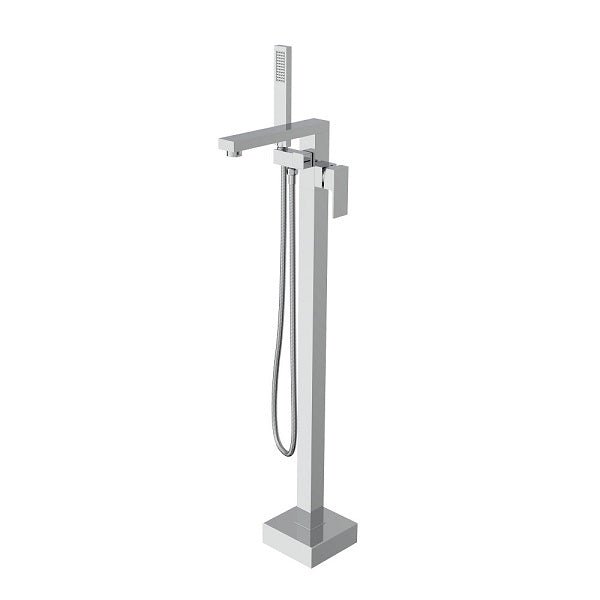 Chrome freestanding bathtub faucet with handheld shower on a white background