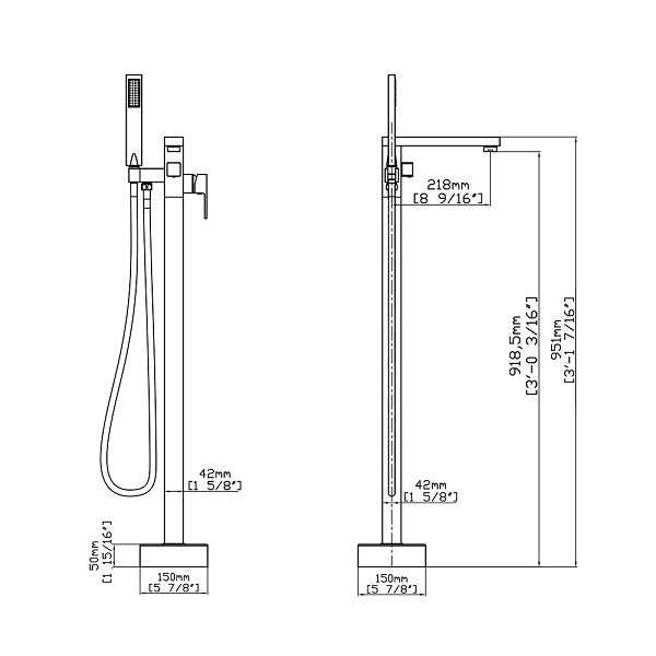 Technical drawing of a shower system with dimensions labeled