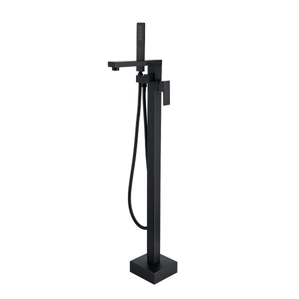 Black freestanding bathtub faucet with handheld shower on a white background