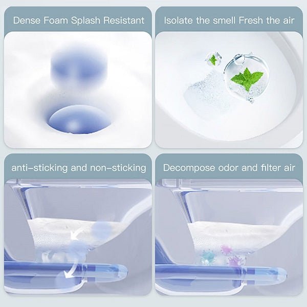 Product features with text on dense foam, splash resistance, odor isolation, anti-sticking, and air purification.