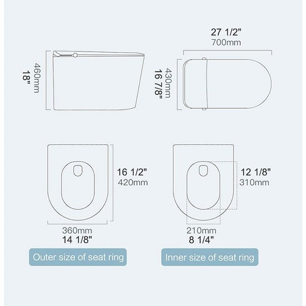 Measurement chart of a toilet seat with dimensions labeled.