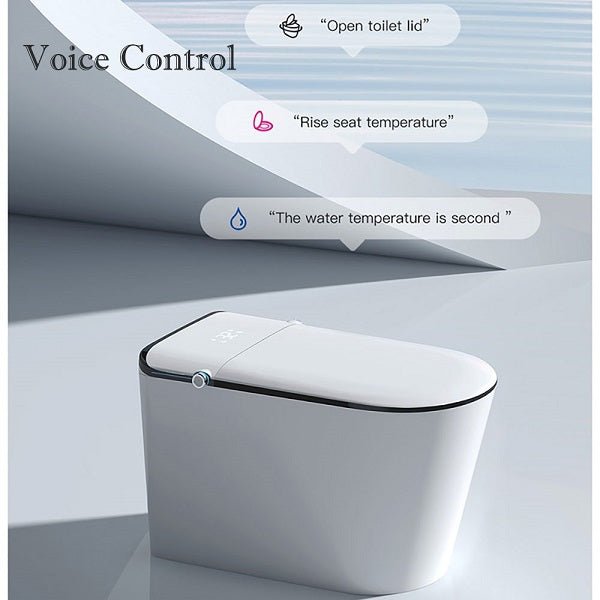 Modern toilet bowl with voice control features on a gray background