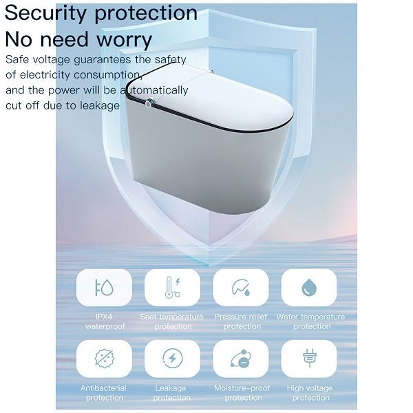 Advertisement for a toilet with security protection features and safety assurances.