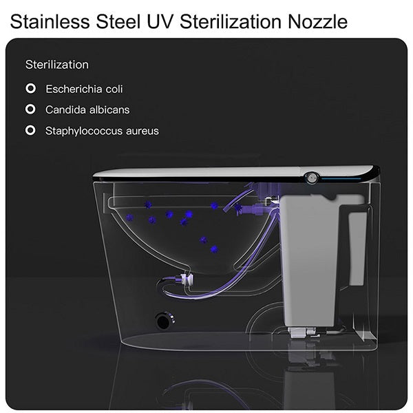Stainless Steel UV Sterilization Nozzle with sterilization capabilities listed on a black background