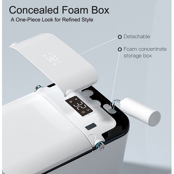 White device with digital display and detachable foam concentrate storage box on a light gray background