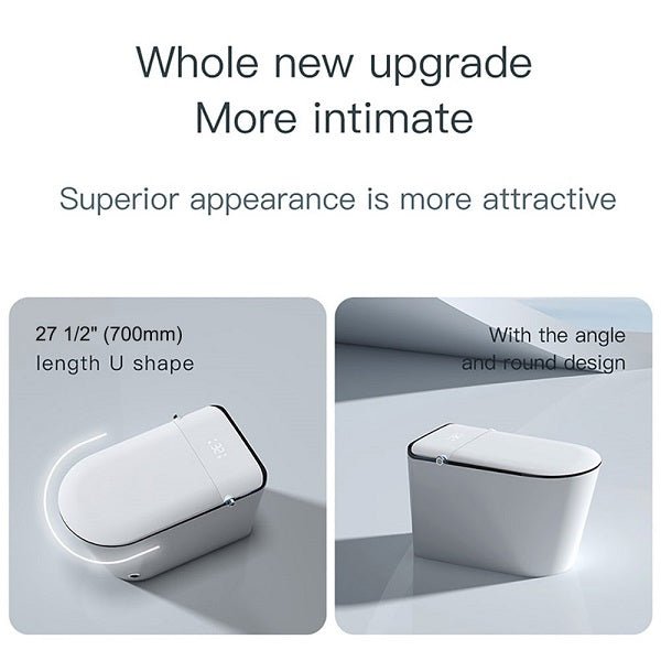 White U-shaped product with text describing its features on a light gray background