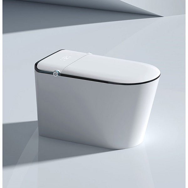 Modern white toilet bowl with a sleek design on a light gray background