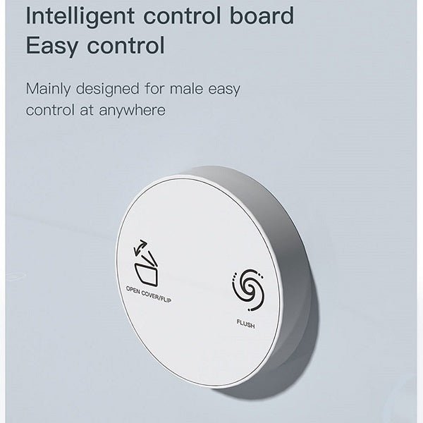 Round control board with icons for open cover, flip, and flush on a light gray background.