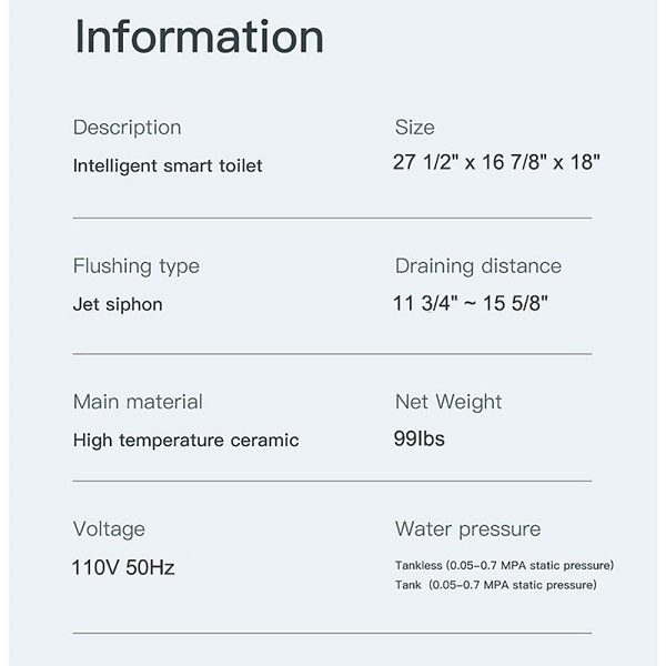 Technical specifications of an intelligent smart toilet on a white background