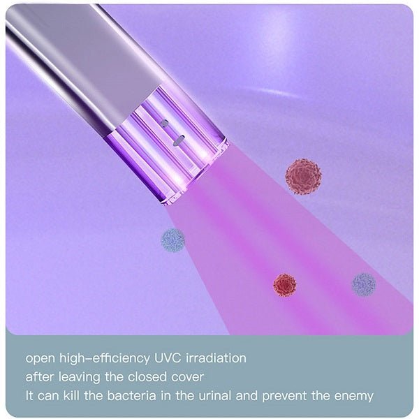 Ultraviolet light device on a purple background with text about UVC irradiation and bacterial killing.