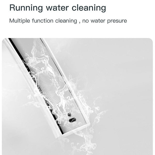 Cleaning process with water flowing over a surface, text indicating multiple function cleaning and no water pressure.
