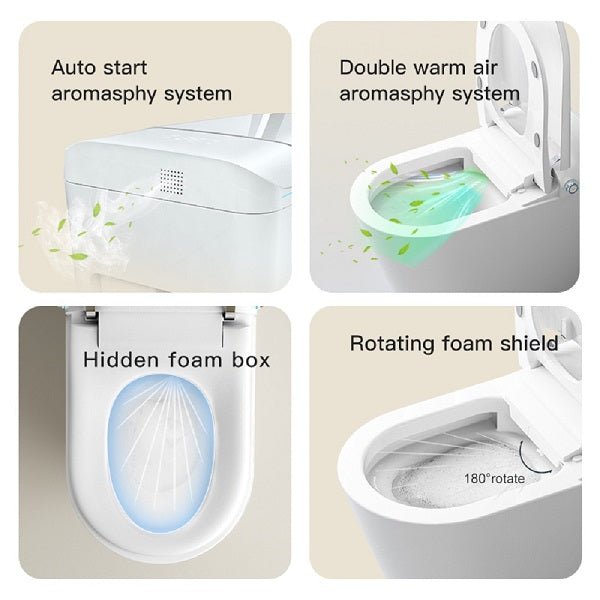 Four features of a smart toilet with text labels on a beige background