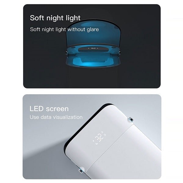 Two product images with text describing features: 'Soft night light' and 'LED screen'.