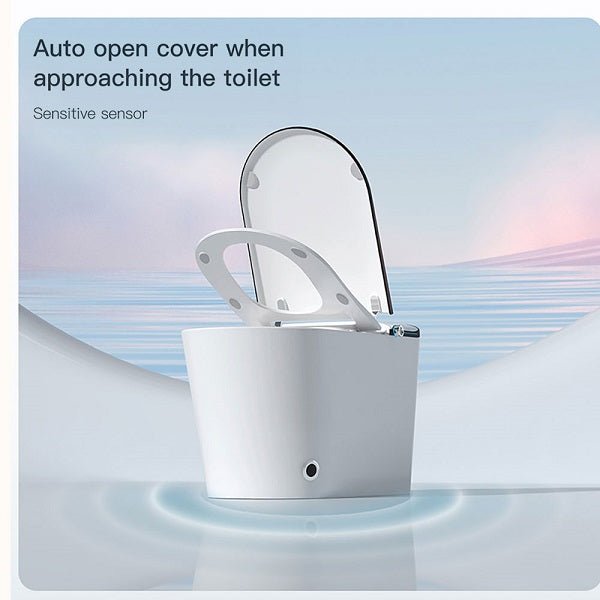 White toilet with auto-open cover feature on a light blue background