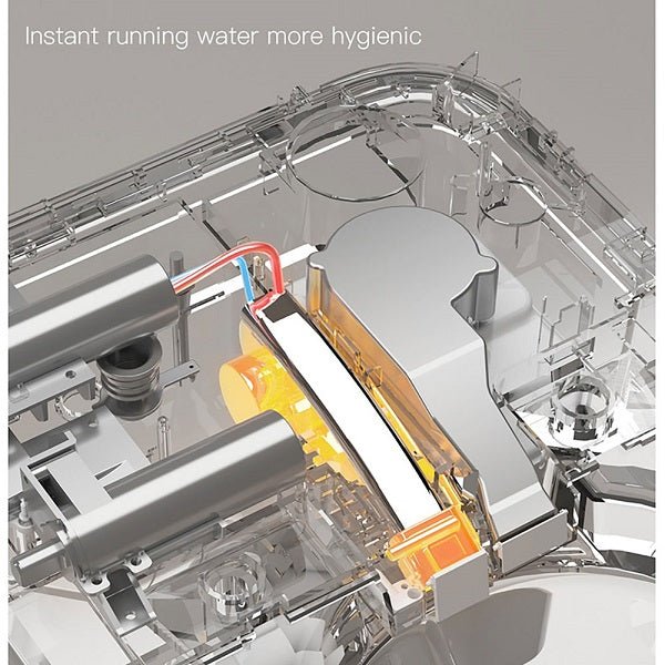 Close-up of a water dispenser mechanism with text 'Instant running water more hygienic'.