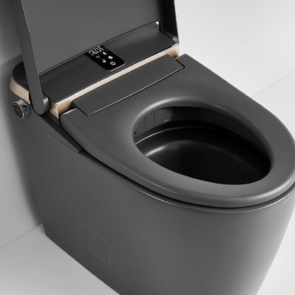 Smart toilet top view with open lid showing elongated bowl self-cleaning nozzle and interior design