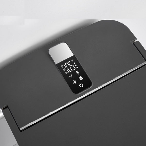 Smart toilet top view with open lid showing elongated bowl self-cleaning nozzle and interior design