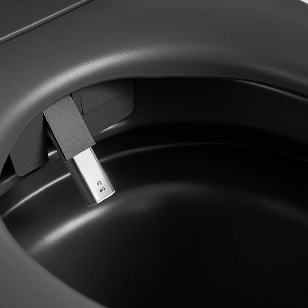 Soft-close damper hinge on matte gray smart toilet seat and lid for quiet gentle closing without slamming