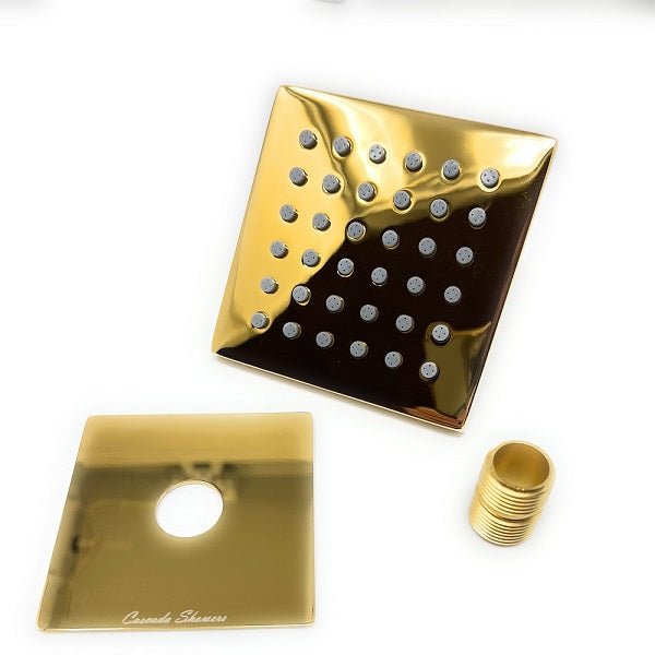Square gold-tone shower head shown with matching decorative cover plate and brass connector fitting.